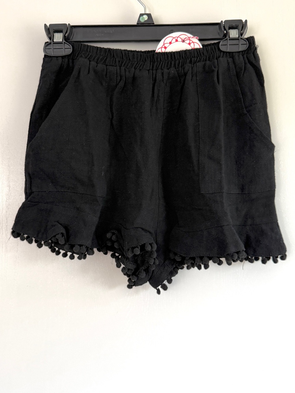 Umgee Black Pom-Pom Trim Women's Shorts Linen Blend